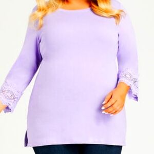 Jewel Neck Tee with Lace Trim Sleeves